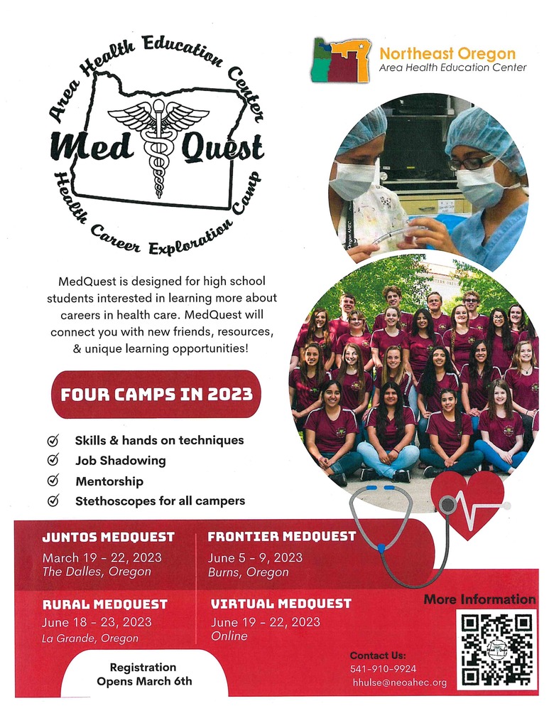 Med Quest Health Career Exploration Camp  Please see the flyer for details or contact 541-910-9924. Hurry - registration opened March 6th!