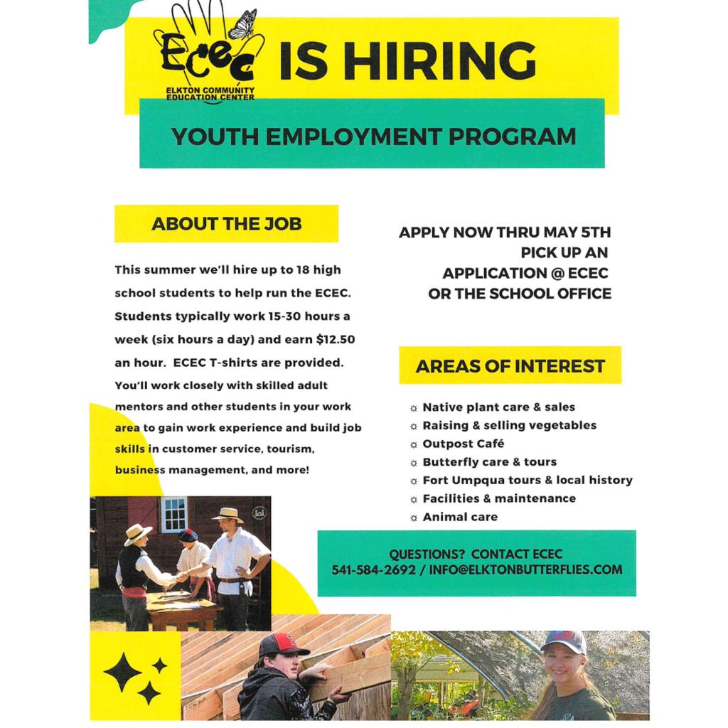 ECEC Youth Employment Program is now hiring! Applications can be found at the grade school and high school offices and are due by May 5th.