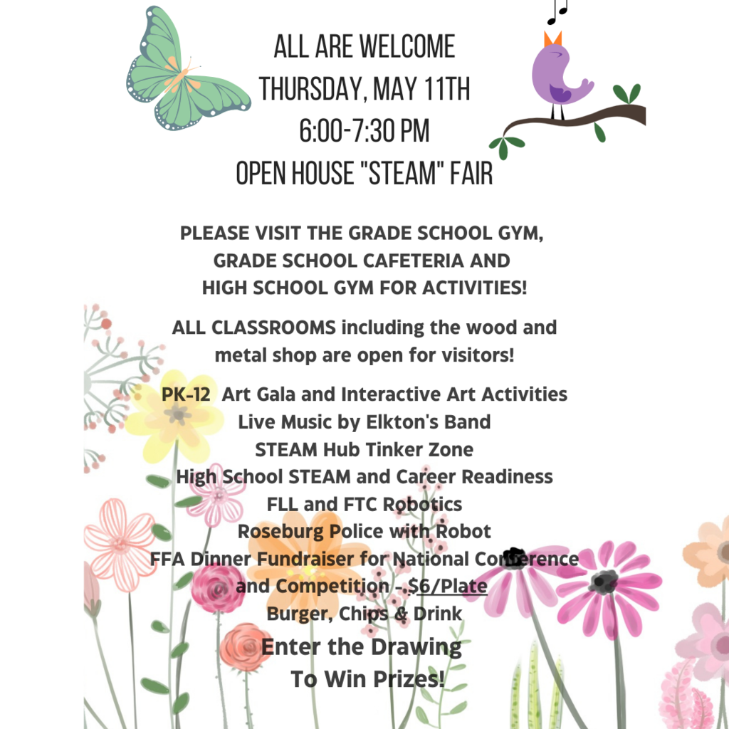 Open House "STEAM" Fair this Thursday 6:00-7:30 p.m. at the Elkton Charter School. We hope to see everyone there!  Community and School Families - all are welcome. 