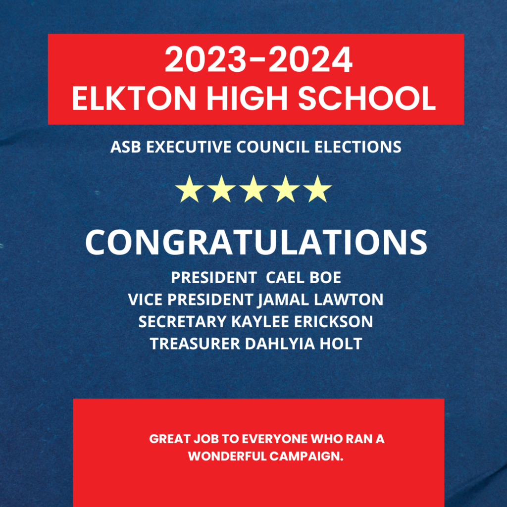 Great job to all of our student leaders who ran for executive council and CONGRATULATIONS to our newly elected officers for the 2023-2024 school year. President Cael Boe  Vice President Jamal Lawton Secretary Kaylee Erickson Treasurer Dahlyia Holt