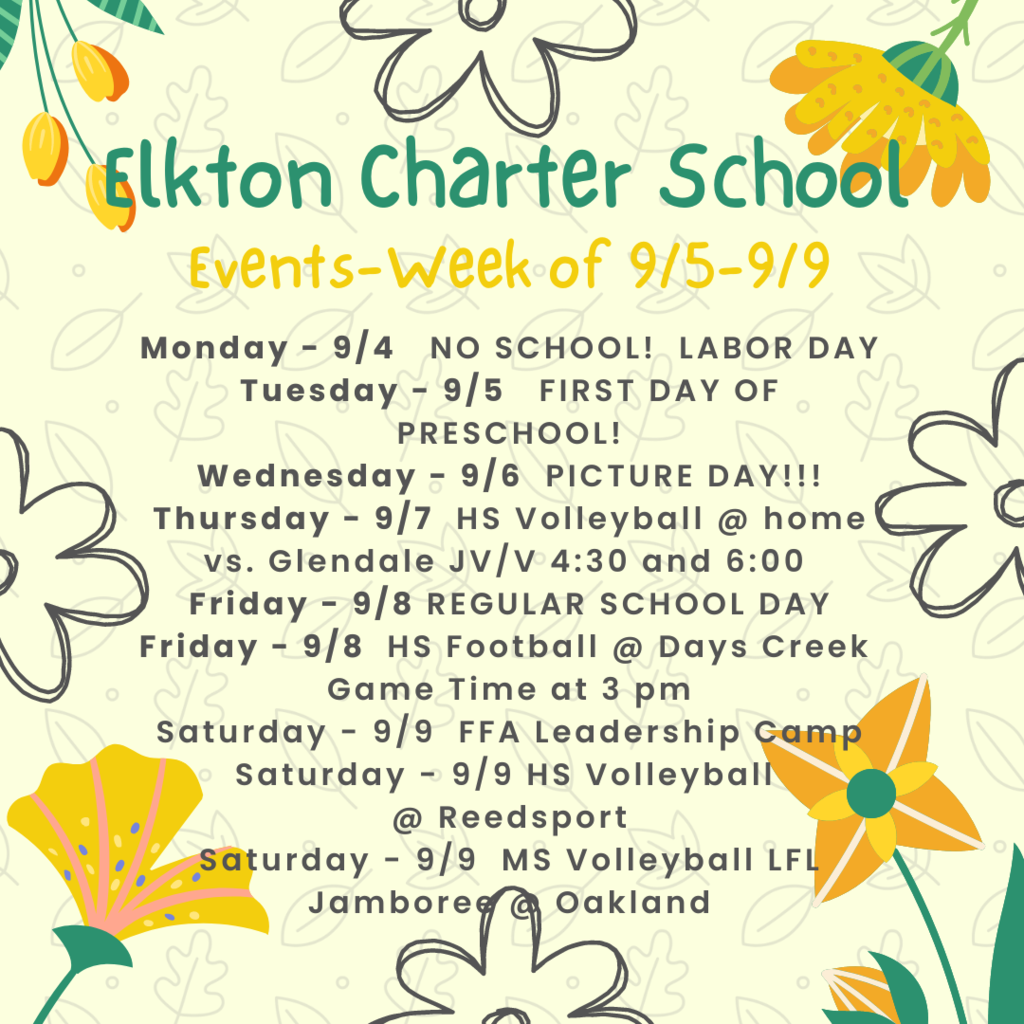 Elkton Charter School Events Week of 9/5-9/9